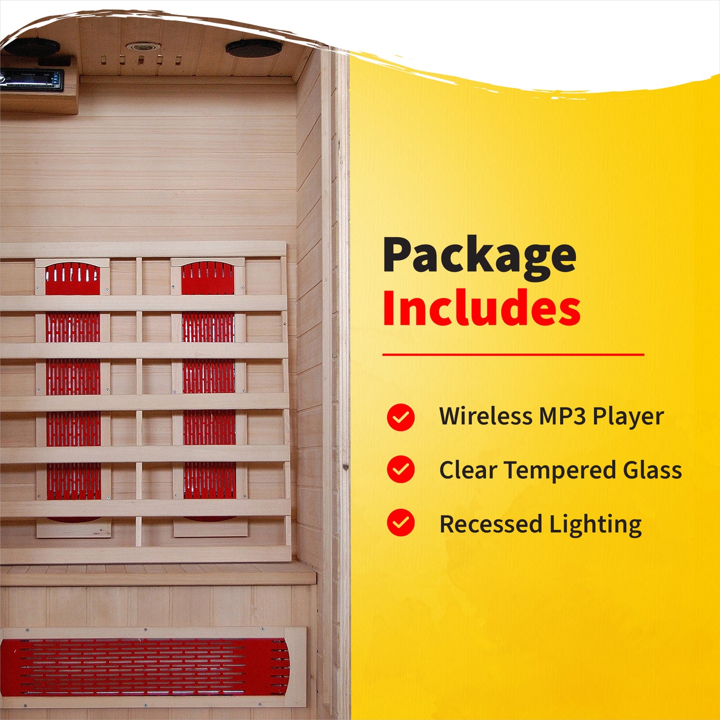 HeatWave Buena Vista 1-2 Person Hemlock Infrared Sauna package includes wireless MP3 player, clear tempered glass and recessed lighting
