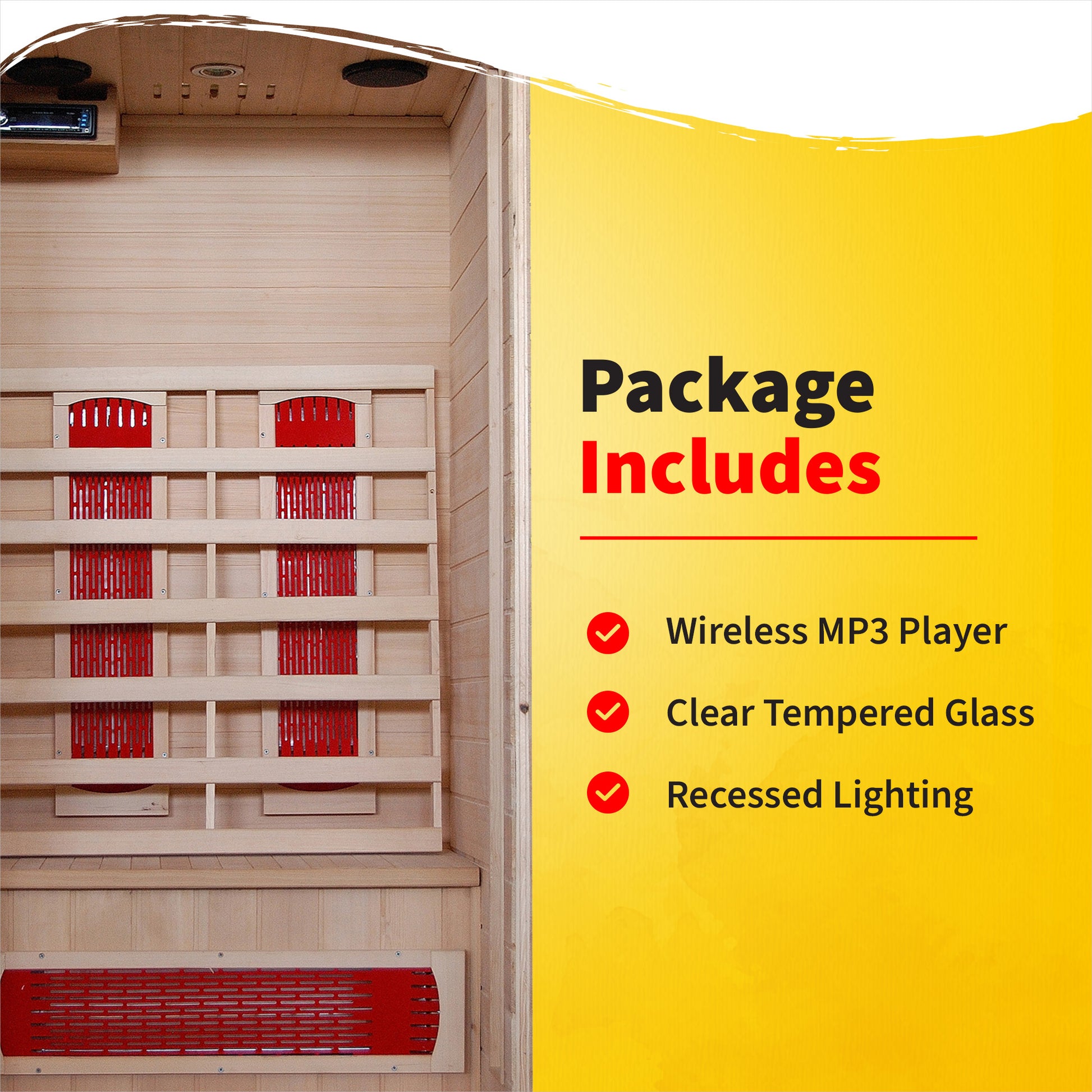 HeatWave Buena Vista 1-2 Person Hemlock Infrared Sauna package includes wireless MP3 player, clear tempered glass and recessed lighting