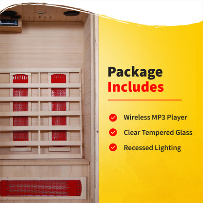 HeatWave Buena Vista 1-2 Person Hemlock Infrared Sauna package includes wireless MP3 player, clear tempered glass and recessed lighting
