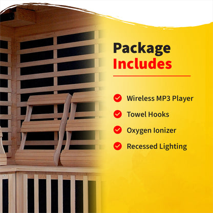 HeatWave Tucson 4-Person Hemlock Corner Infrared Sauna package includes wireless MP3 player, towel hooks, oxygen ionizer and recessed lighting