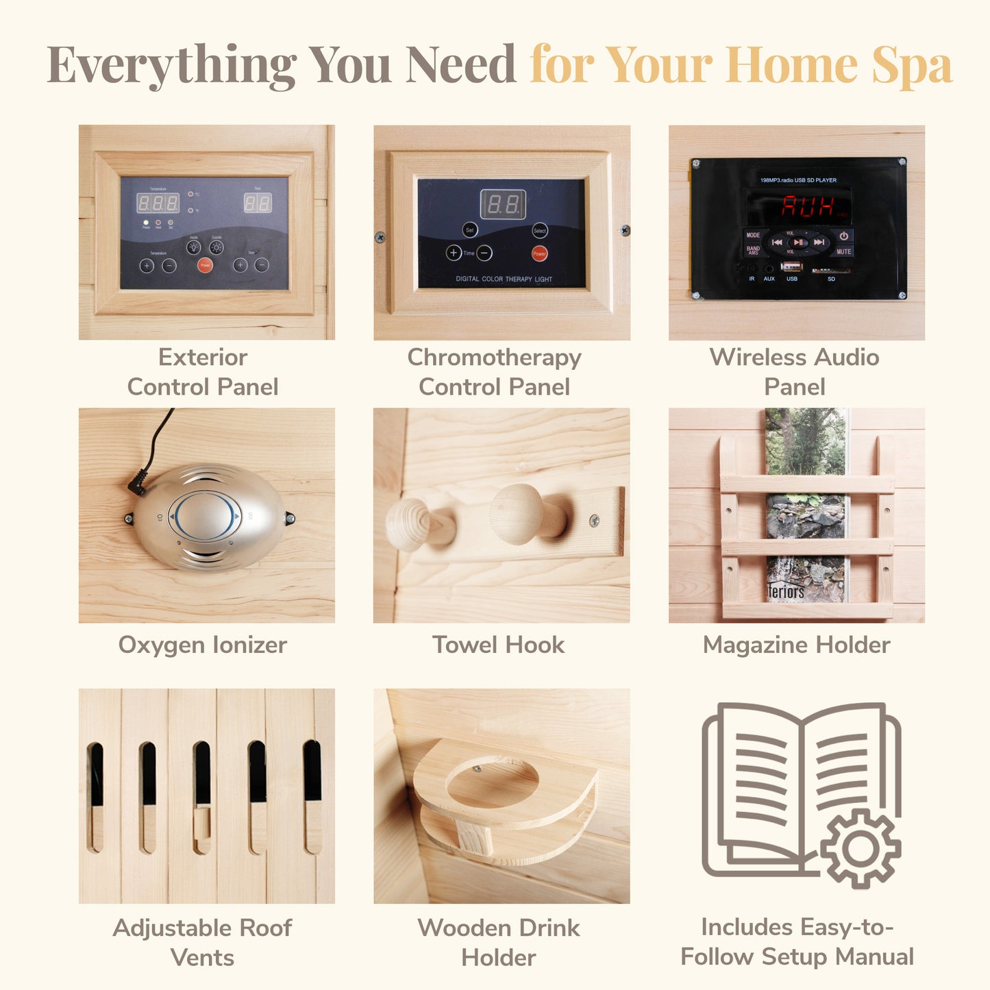 HeatWave Coronado Sauna included features: control panels, wireless audio, oxygen ionizer, towel hook, roof vents and drink holder
