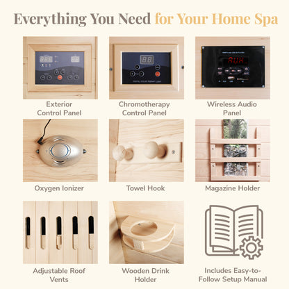 HeatWave Coronado Sauna included features: control panels, wireless audio, oxygen ionizer, towel hook, roof vents and drink holder