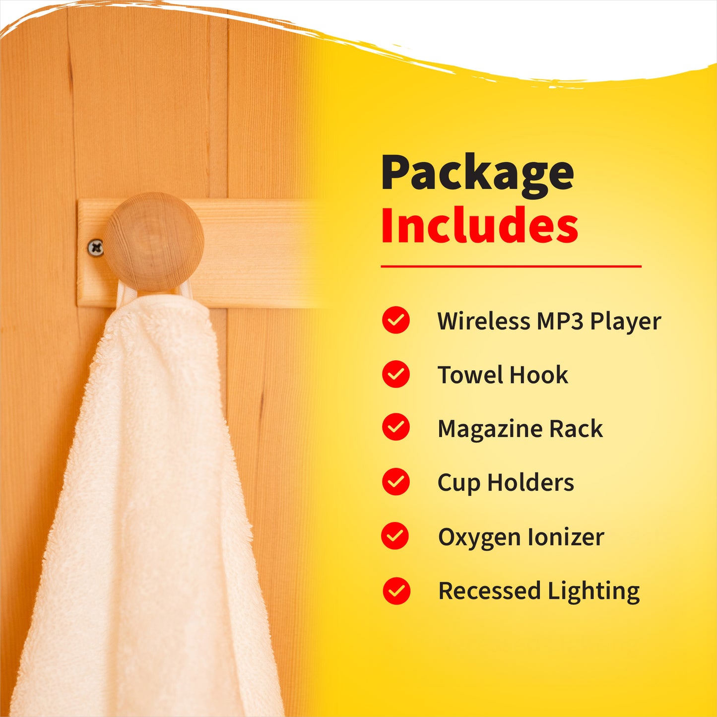 HeatWave Coronado Ceramic Sauna package includes graphic: wireless MP3 player, towel hook, magazine rack, cup holders, oxygen ionizer