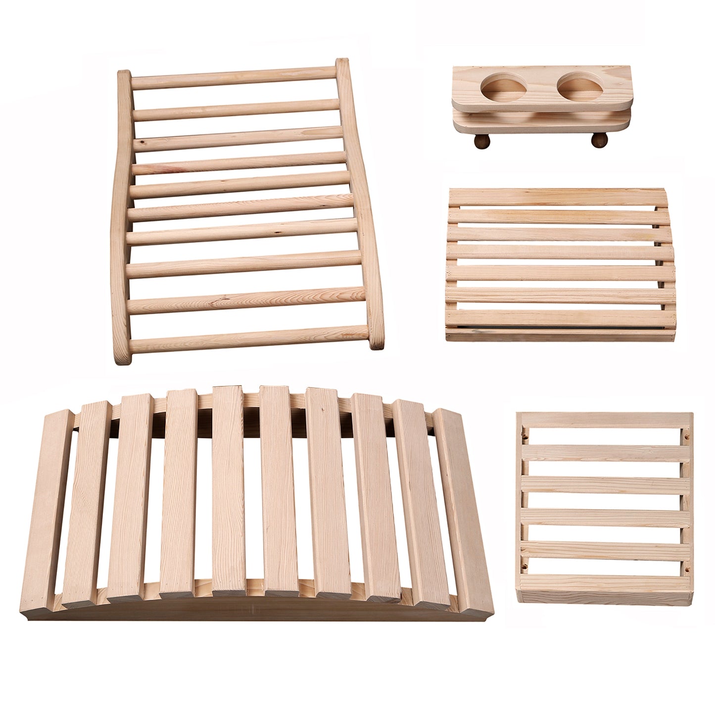 HeatWave Deluxe Sauna Accessory Kit shown on a white background, displaying all five hemlock wood pieces including the backrest, cup and bottle holder, headrest, curved floor mat, and slatted tray