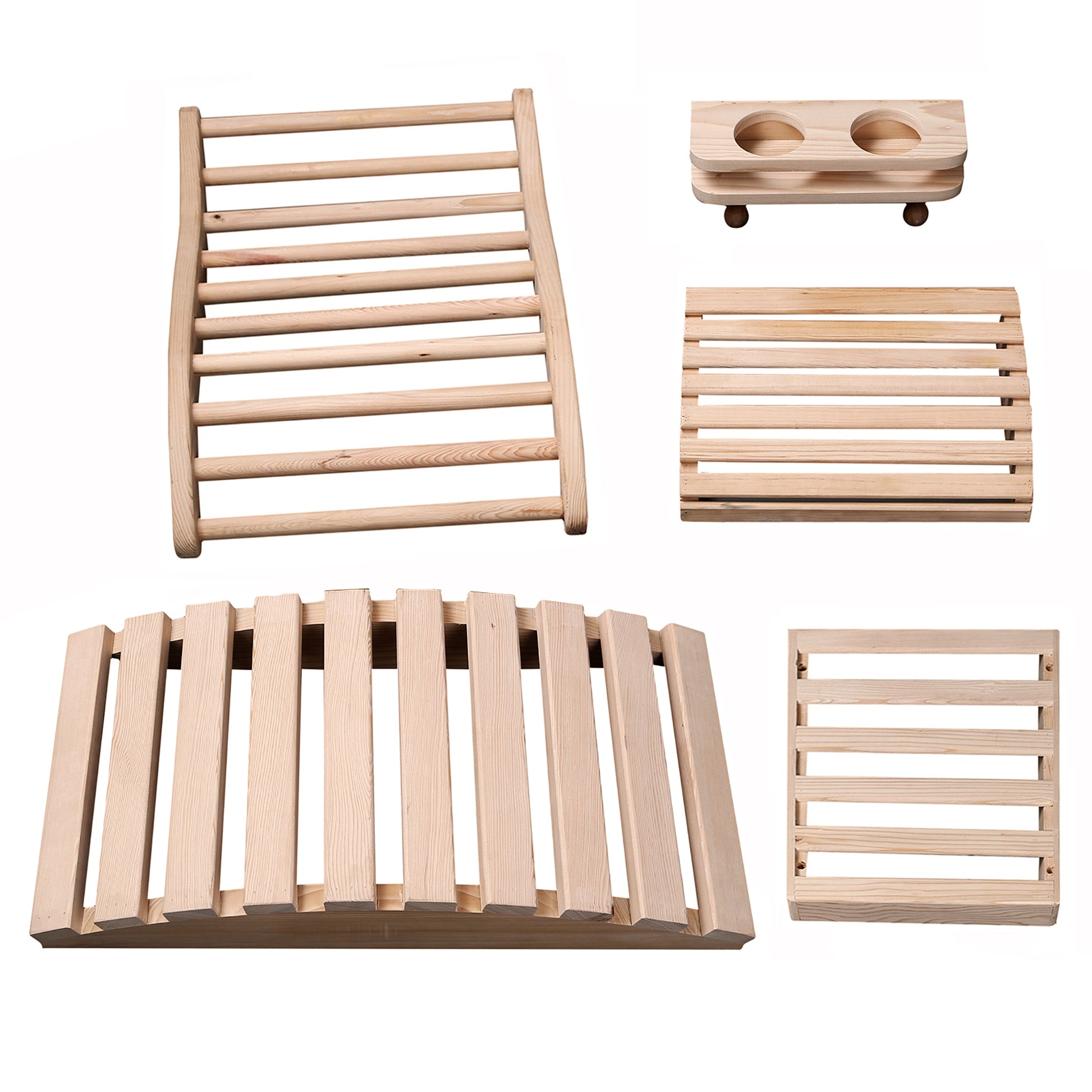 HeatWave Deluxe Sauna Accessory Kit shown on a white background, displaying all five hemlock wood pieces including the backrest, cup and bottle holder, headrest, curved floor mat, and slatted tray