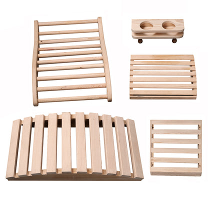 HeatWave Deluxe Sauna Accessory Kit shown on a white background, displaying all five hemlock wood pieces including the backrest, cup and bottle holder, headrest, curved floor mat, and slatted tray