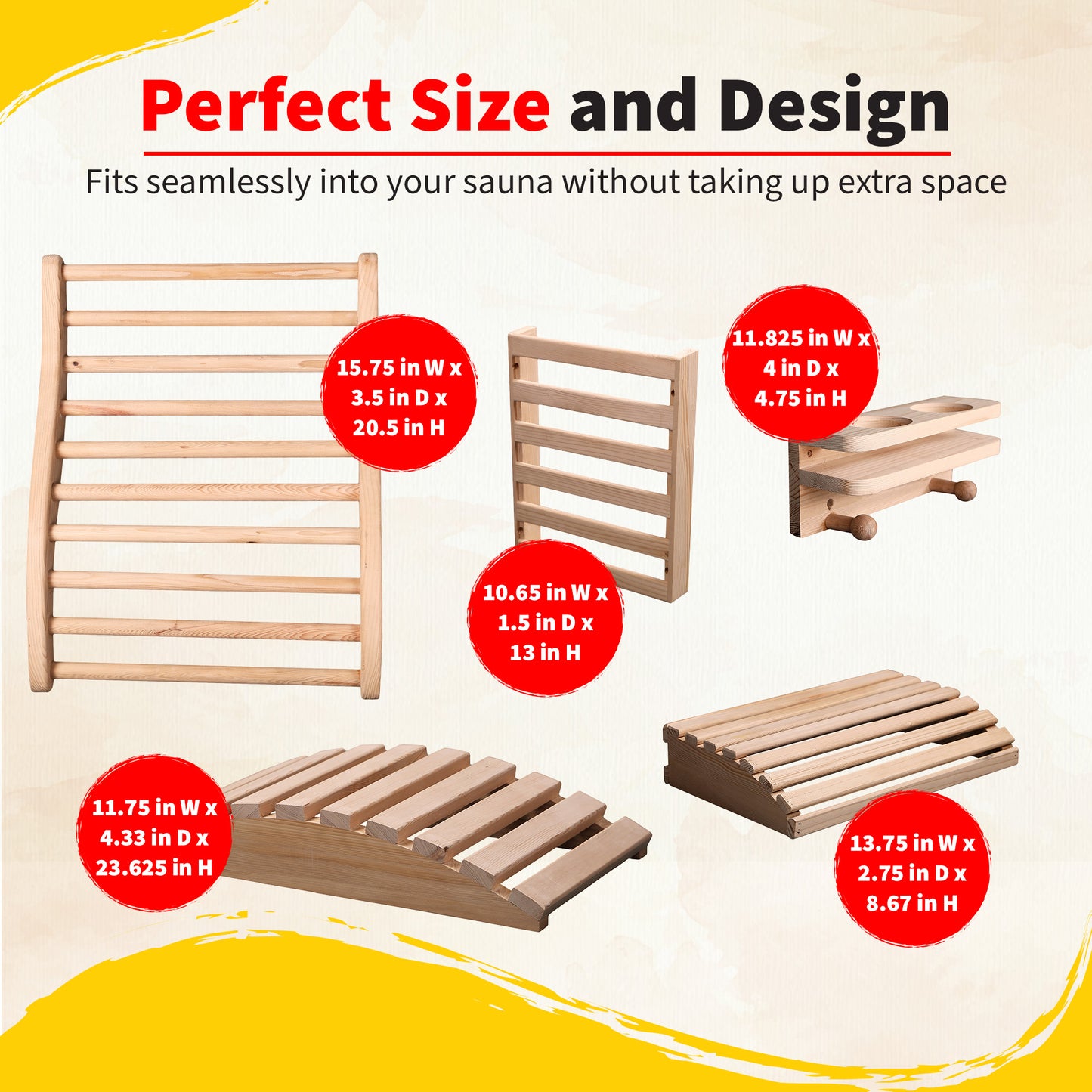 HeatWave Deluxe Sauna Accessory Kit sizing infographic titled Perfect Size and Design, showing each of the five hemlock pieces with its individual width, depth, and height measurements labeled