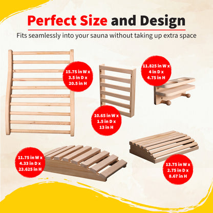 HeatWave Deluxe Sauna Accessory Kit sizing infographic titled Perfect Size and Design, showing each of the five hemlock pieces with its individual width, depth, and height measurements labeled