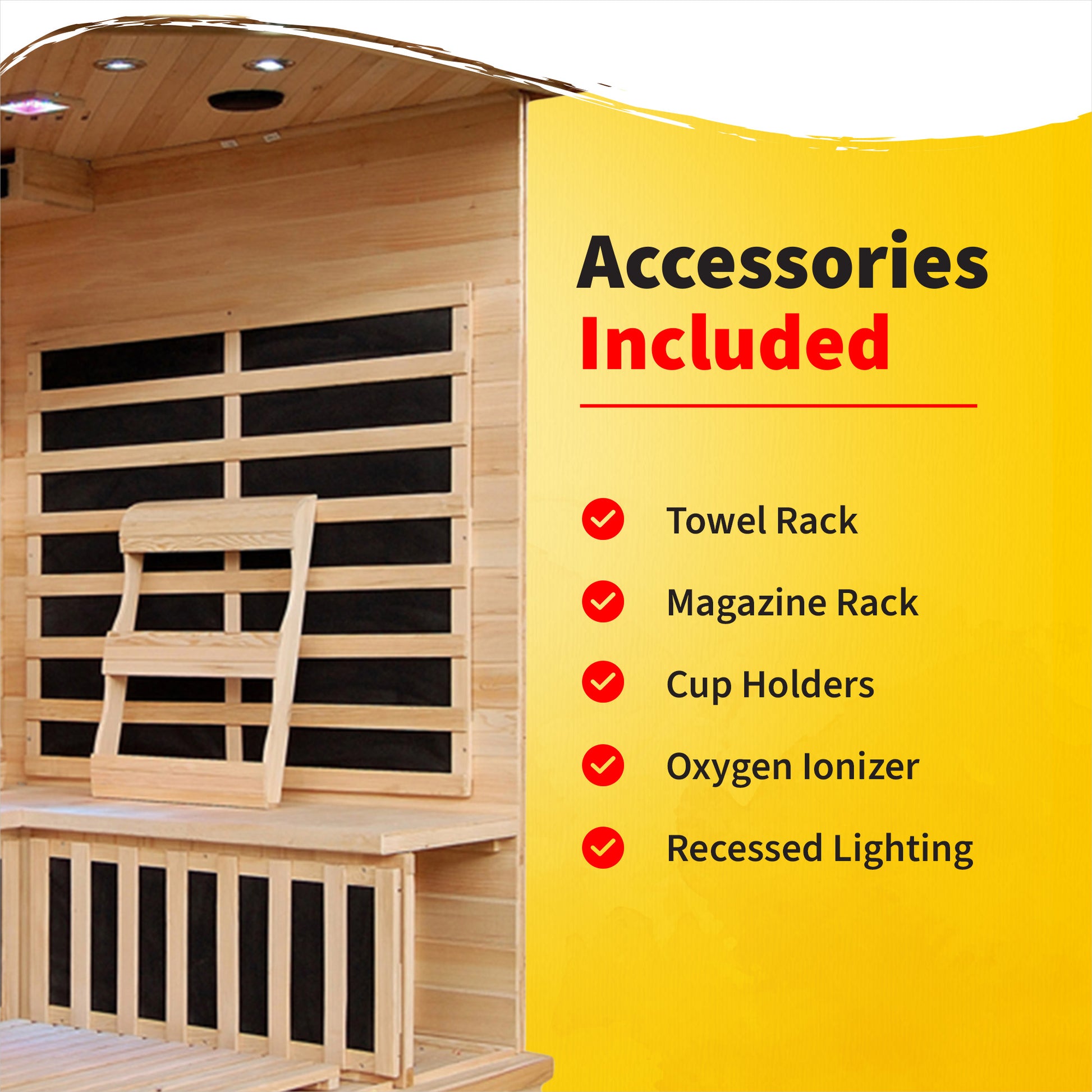 HeatWave Santa Fe Hemlock Corner Sauna accessories graphic: towel rack, magazine rack, cup holders, oxygen ionizer, and recessed lighting