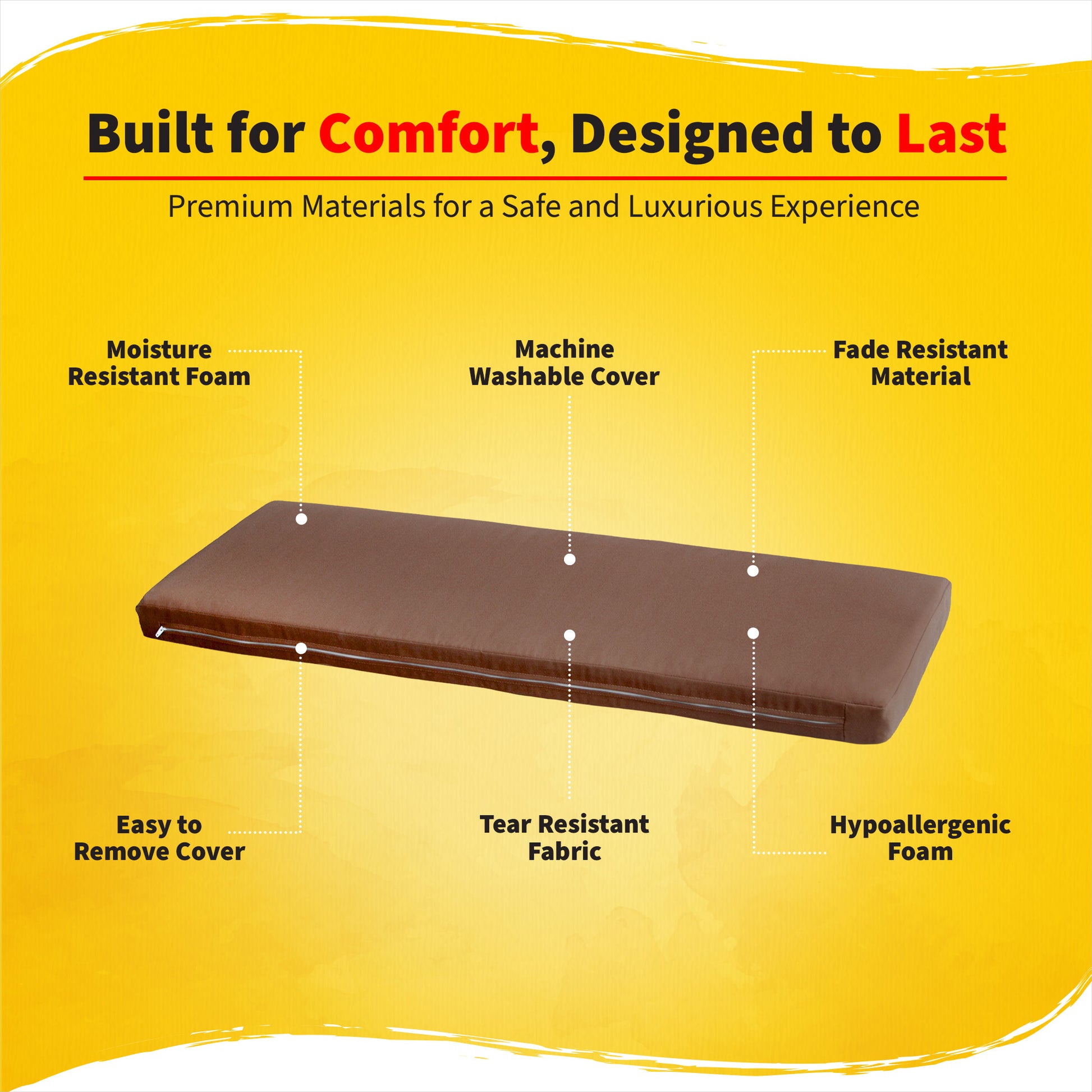 HeatWave brown sauna seat cushion features infographic titled Built for Comfort, Designed to Last, calling out its moisture-resistant foam, machine-washable and easy-to-remove cover, fade- and tear-resistant fabric, and hypoallergenic foam
