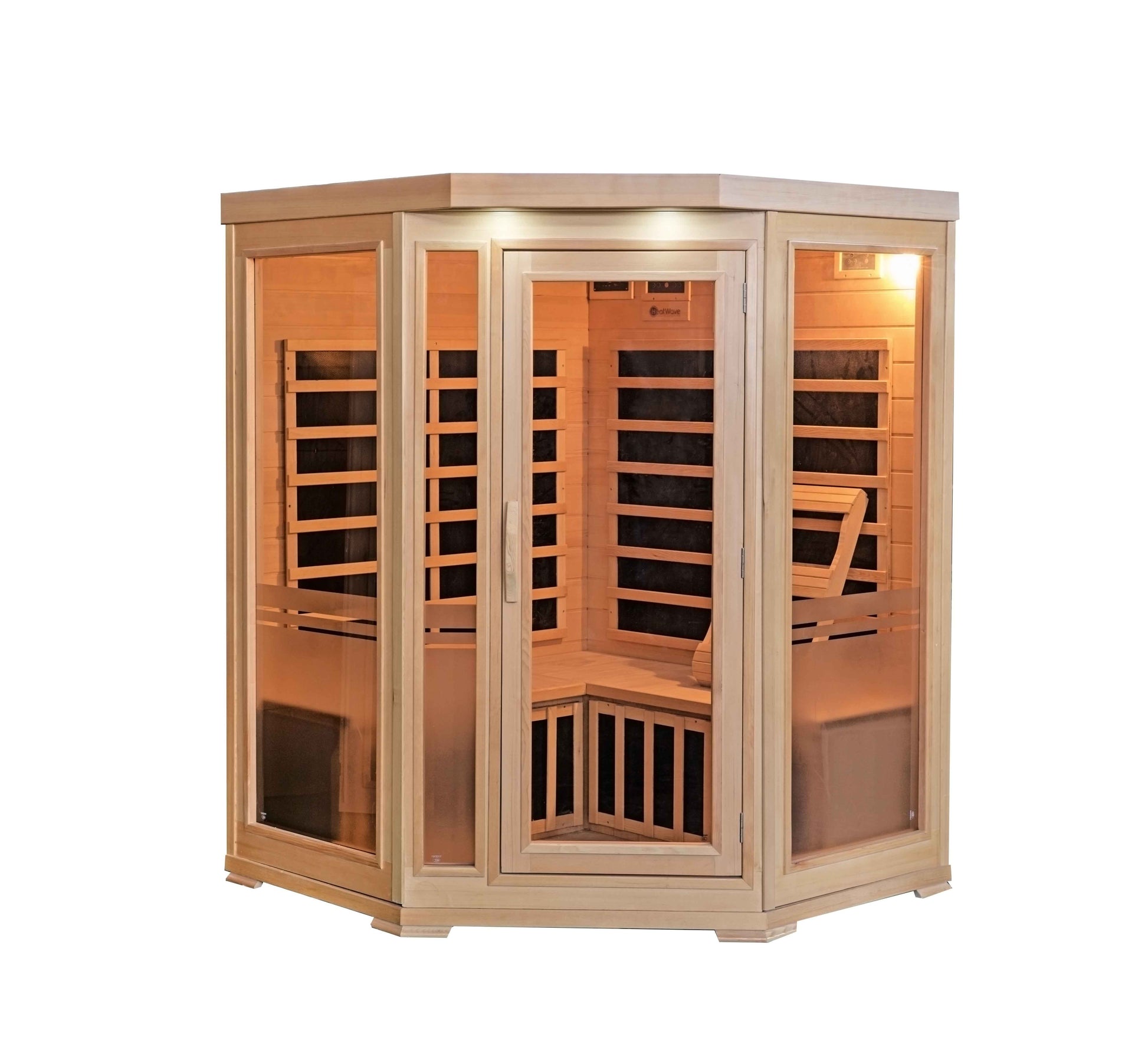 HeatWave Sonoma 3-Person Hemlock Corner Infrared Sauna, front view with glass door, corner cabinet design, side windows, and interior benches