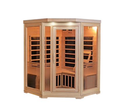 HeatWave Sonoma 3-Person Hemlock Corner Infrared Sauna, front view with glass door, corner cabinet design, side windows, and interior benches