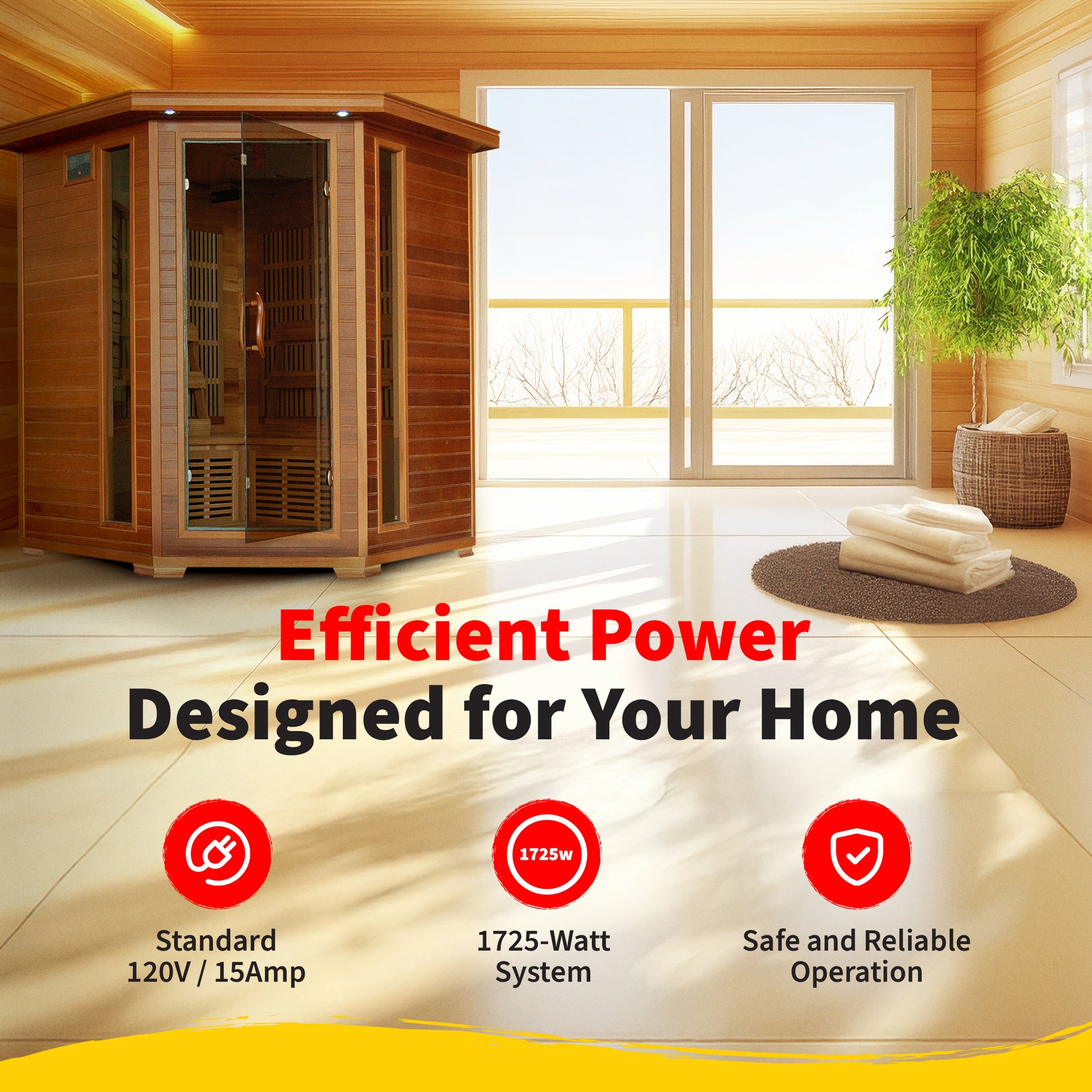 HeatWave Whistler Cedar Corner Sauna Efficient Power graphic: standard 120V 15-amp outlet, 1725-watt system, safe and reliable home operation