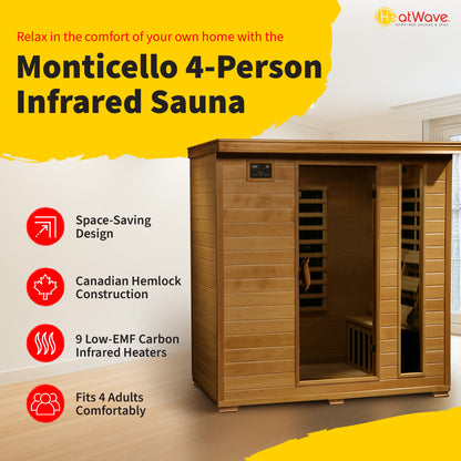 HeatWave Monticello 4-Person Hemlock Infrared Sauna feature graphic: space-saving design, Canadian hemlock, 9 low-EMF carbon heaters, fits 4