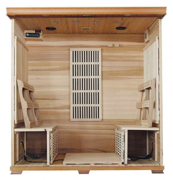 HeatWave Klondike 4-Person Cedar Infrared Sauna interior view showing bench seating, backrests, central carbon heater panel, and ceiling lights on a white background