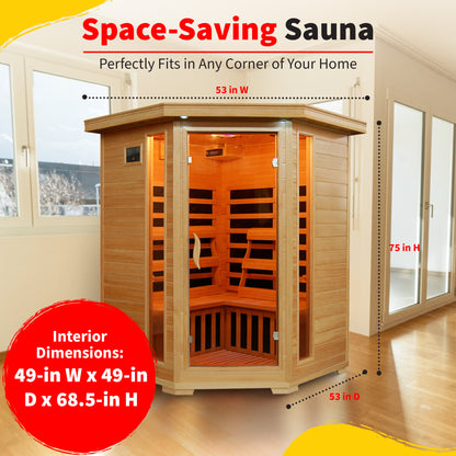 HeatWave Santa Fe Hemlock Corner Sauna dimensions graphic: exterior 53 in W x 53 in D x 75 in H, interior 49 x 49 x 68.5 in