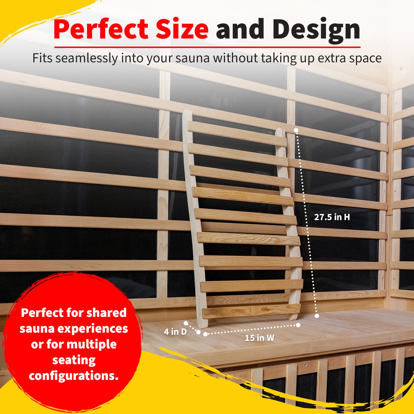 HeatWave Universal Sauna Backrest sizing infographic titled Perfect Size and Design, showing the backrest resting on a sauna bench with labeled dimensions of 27.5 inches high, 15 inches wide, and 4 inches deep