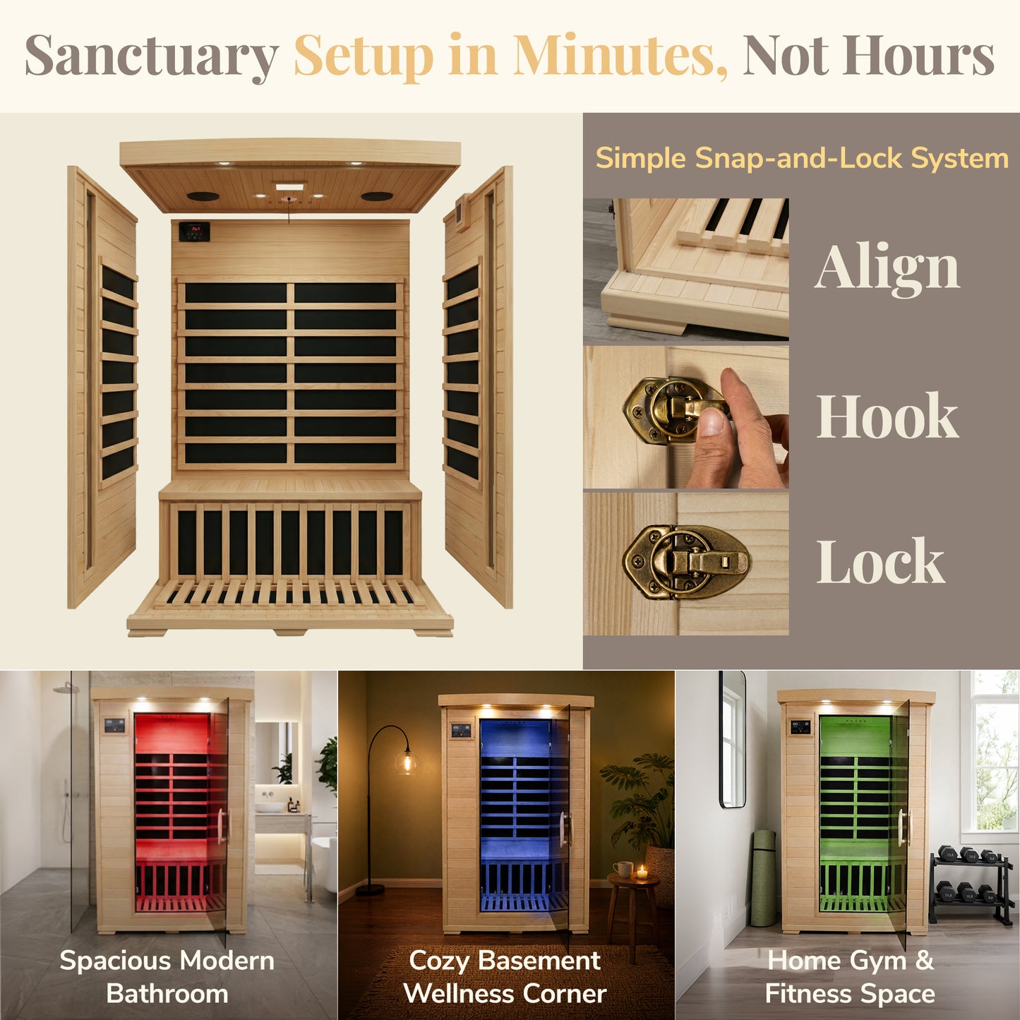 HeatWave Coronado Sauna snap-and-lock assembly steps align, hook, lock, shown in bathroom, basement and home gym settings