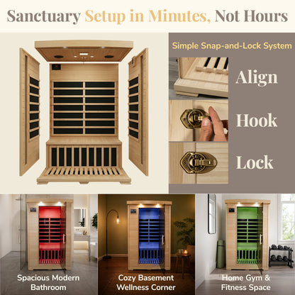 HeatWave Coronado Sauna snap-and-lock assembly steps align, hook, lock, shown in bathroom, basement and home gym settings