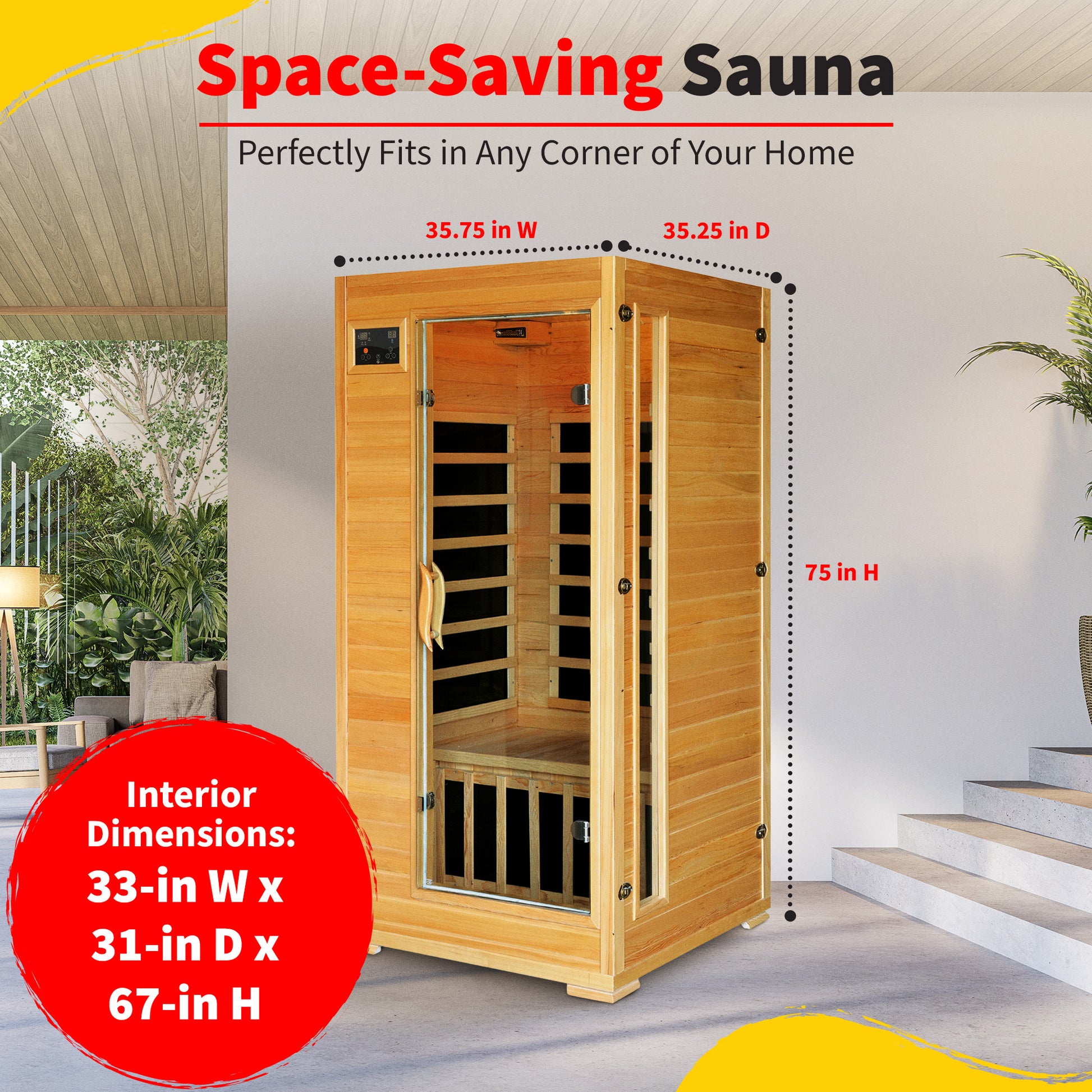 HeatWave Buena Vista 1-2 Person Hemlock Infrared Sauna dimensions: 35.75 in W x 35.25 in D x 75 in H exterior, fits a home corner