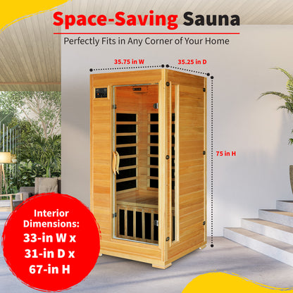 HeatWave Buena Vista 1-2 Person Hemlock Infrared Sauna dimensions: 35.75 in W x 35.25 in D x 75 in H exterior, fits a home corner