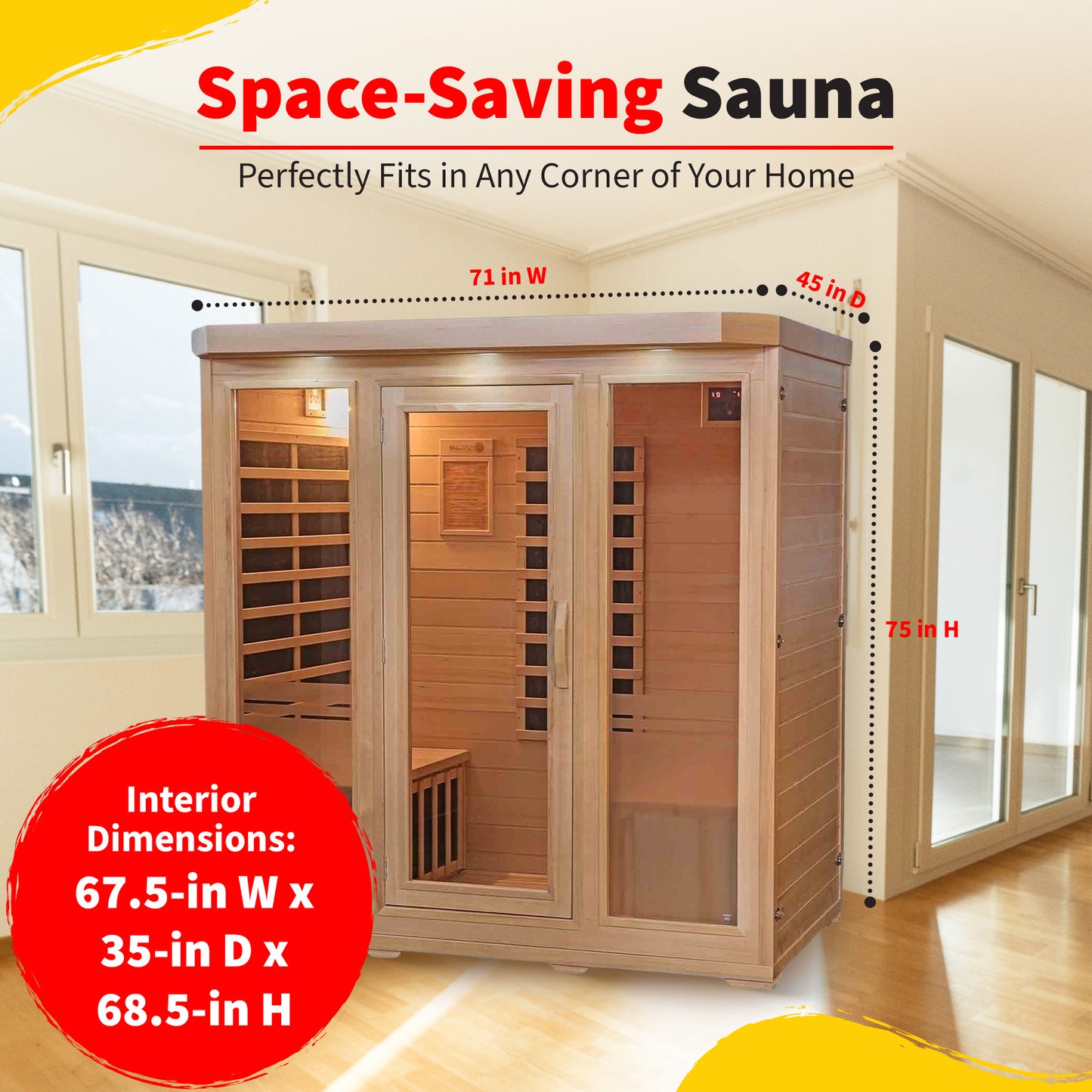 HeatWave Sonoma 4-Person Hemlock Sauna dimensions graphic: exterior 71 in W x 45 in D x 75 in H, interior 67.5 x 35 x 68.5 in