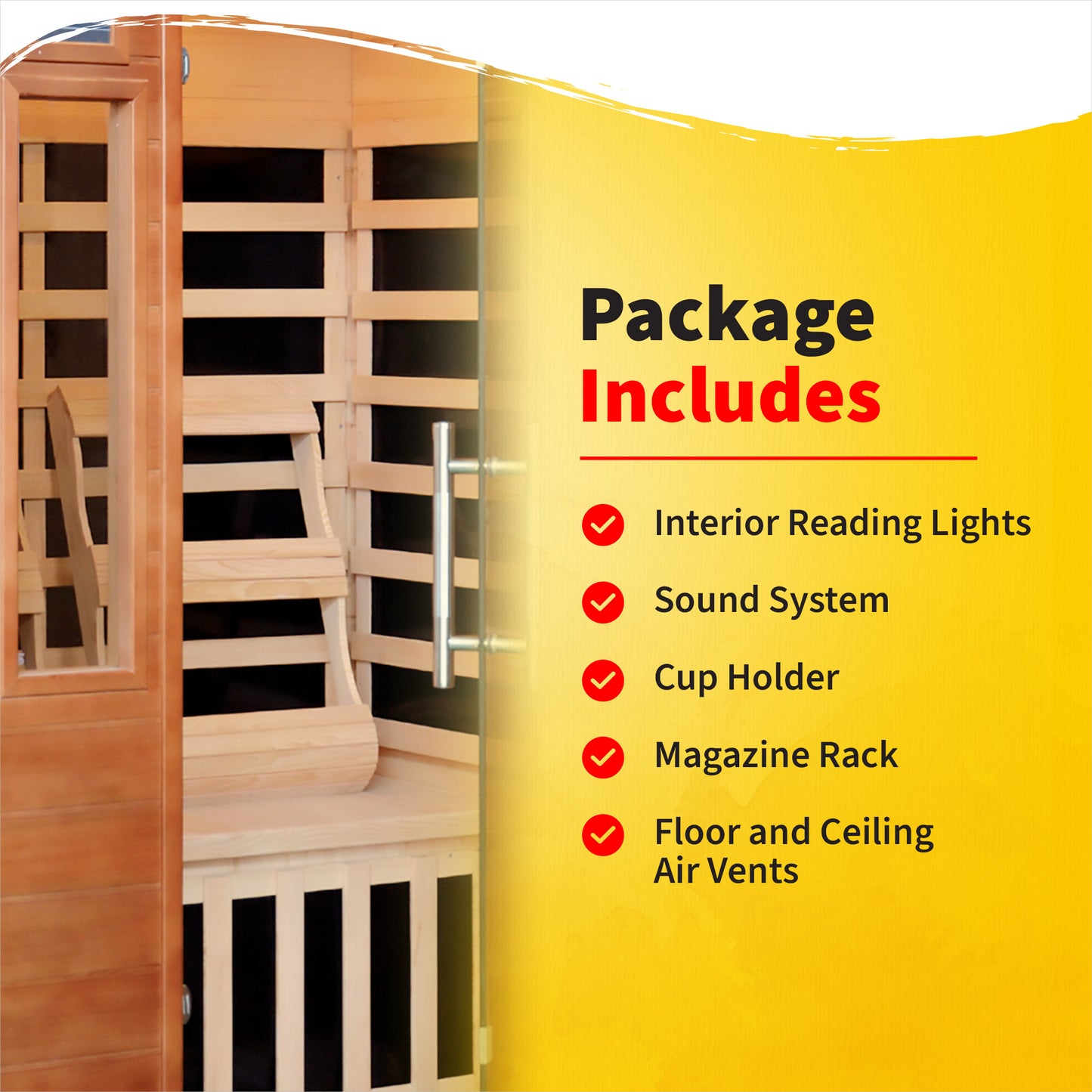 HeatWave 2-Person Hemlock Premium Sauna package includes graphic: interior reading lights, sound system, cup holder, magazine rack, and air vents