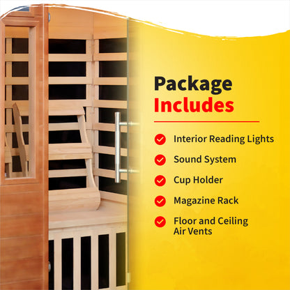 HeatWave 2-Person Hemlock Premium Sauna package includes graphic: interior reading lights, sound system, cup holder, magazine rack, and air vents