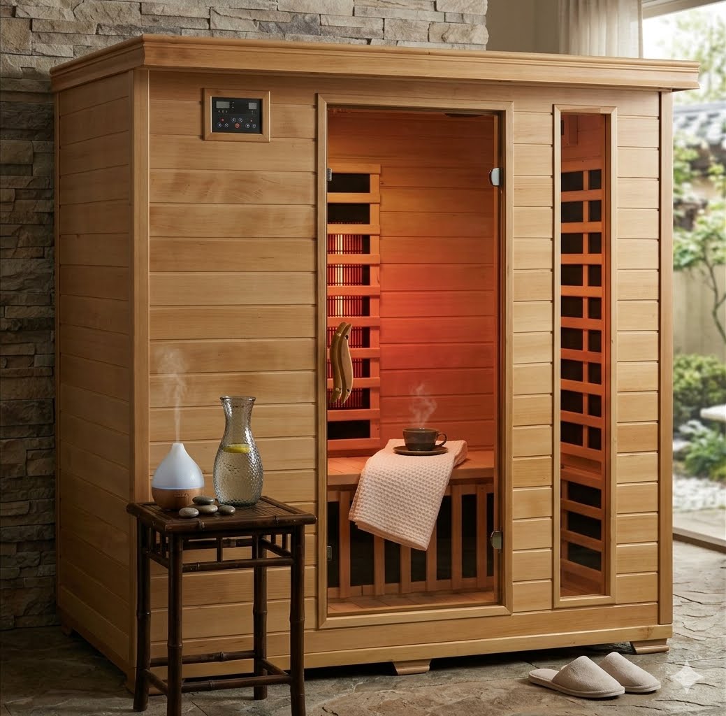 HeatWave Monticello 4-Person Hemlock Infrared Sauna, straight-on front view showing glass door and interior benches