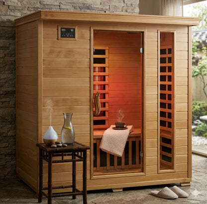 HeatWave Monticello 4-Person Hemlock Infrared Sauna, straight-on front view showing glass door and interior benches