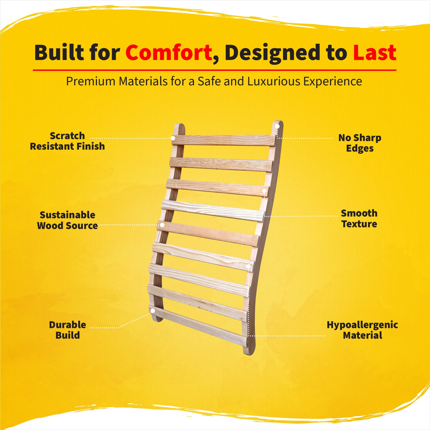HeatWave Universal Sauna Backrest features infographic titled Built for Comfort, Designed to Last, calling out its scratch-resistant finish, rounded no-sharp-edges, sustainable wood source, smooth texture, durable build, and hypoallergenic material