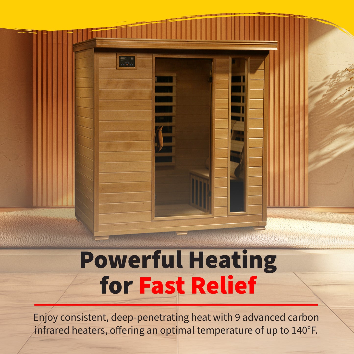 HeatWave Monticello 4-Person Hemlock Infrared Sauna with 9 carbon heaters delivering deep-penetrating heat up to 140°F