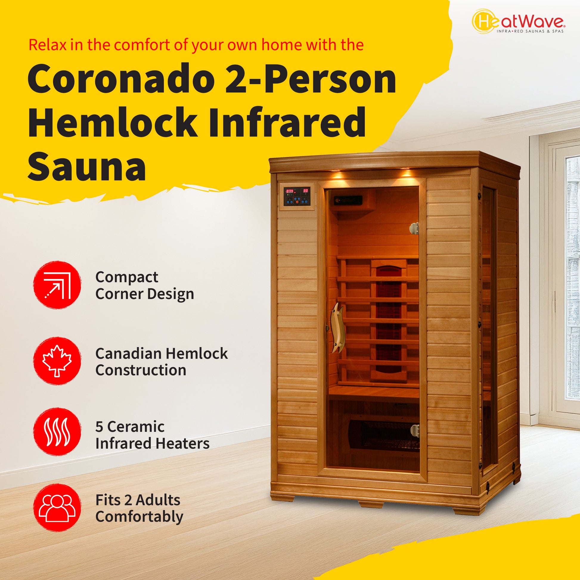 HeatWave Coronado 2-Person Hemlock Ceramic Sauna branded graphic listing hemlock construction, 5 ceramic heaters and 2-adult capacity