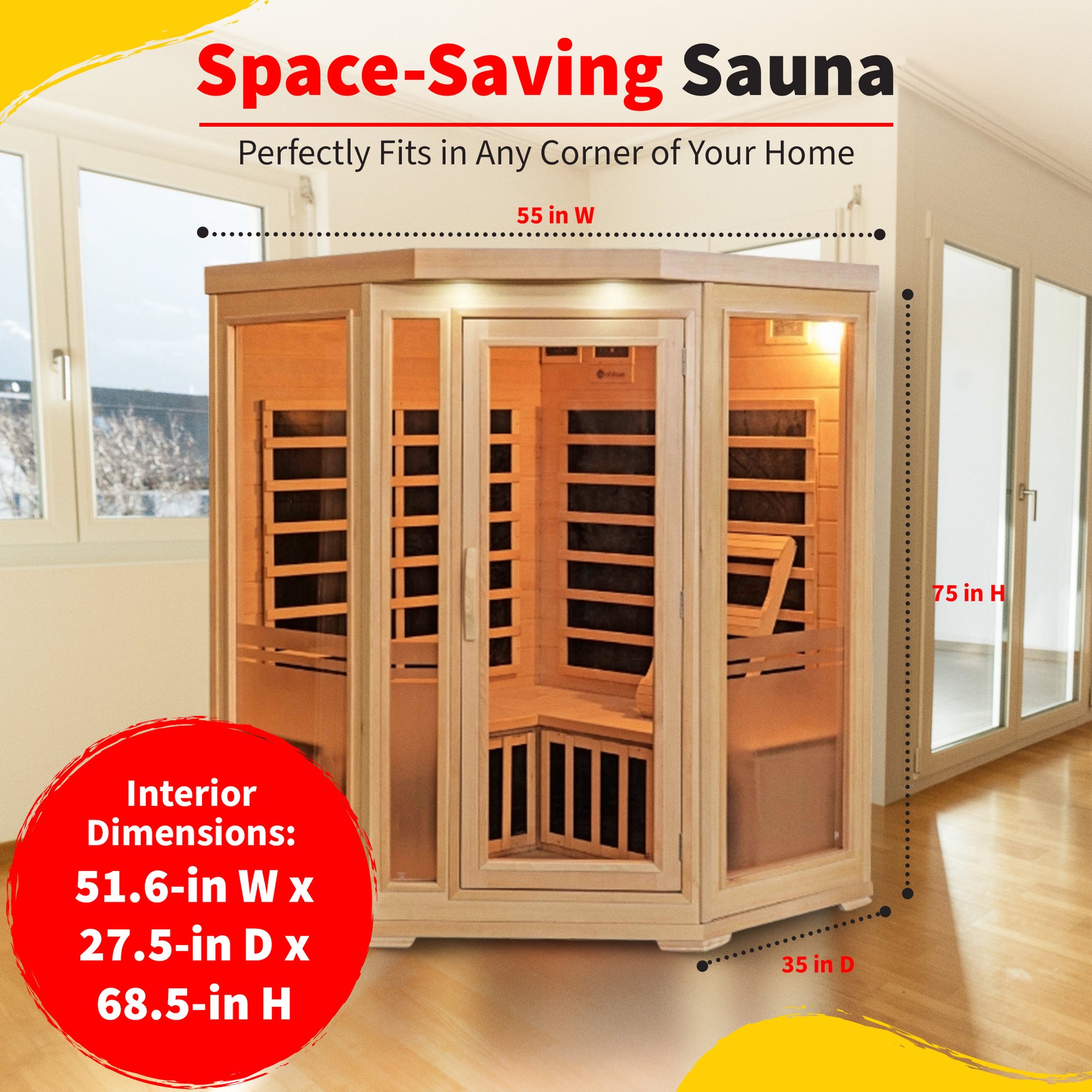 HeatWave Sonoma Hemlock Corner Sauna dimensions graphic: exterior 55 in W x 35 in D x 75 in H, interior 51.6 x 27.5 x 68.5 in, fits any corner