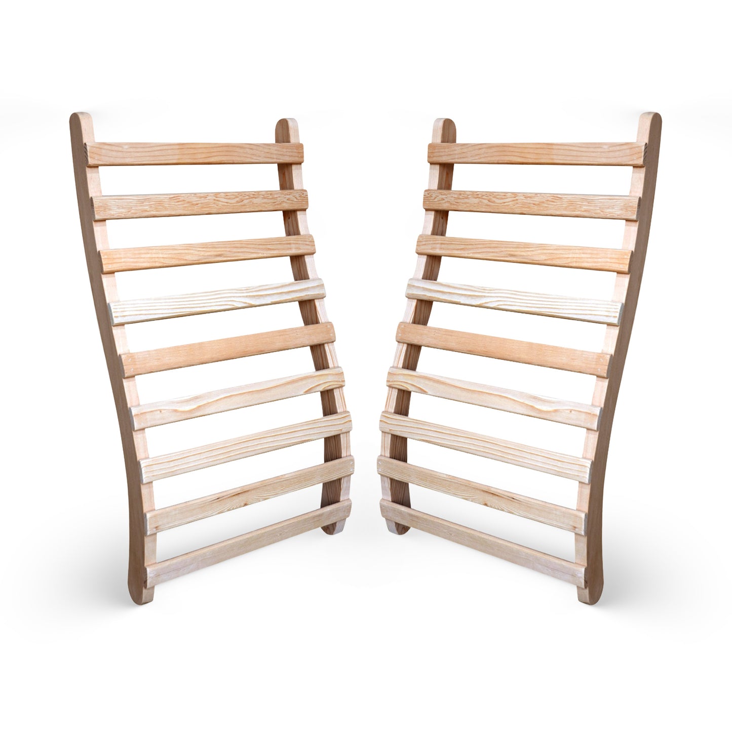 Front angled view of the HeatWave Universal Sauna Backrest set of two, showing the ergonomic curved hemlock slats on a white background