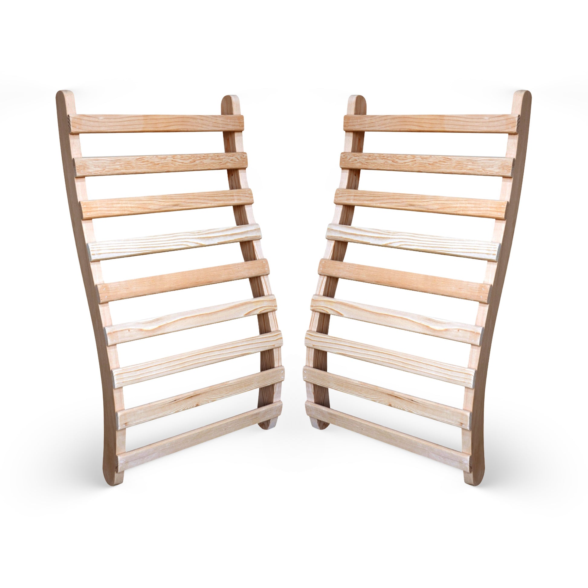 Front angled view of the HeatWave Universal Sauna Backrest set of two, showing the ergonomic curved hemlock slats on a white background