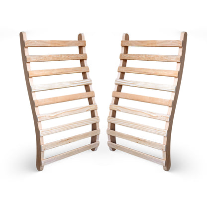 Front angled view of the HeatWave Universal Sauna Backrest set of two, showing the ergonomic curved hemlock slats on a white background