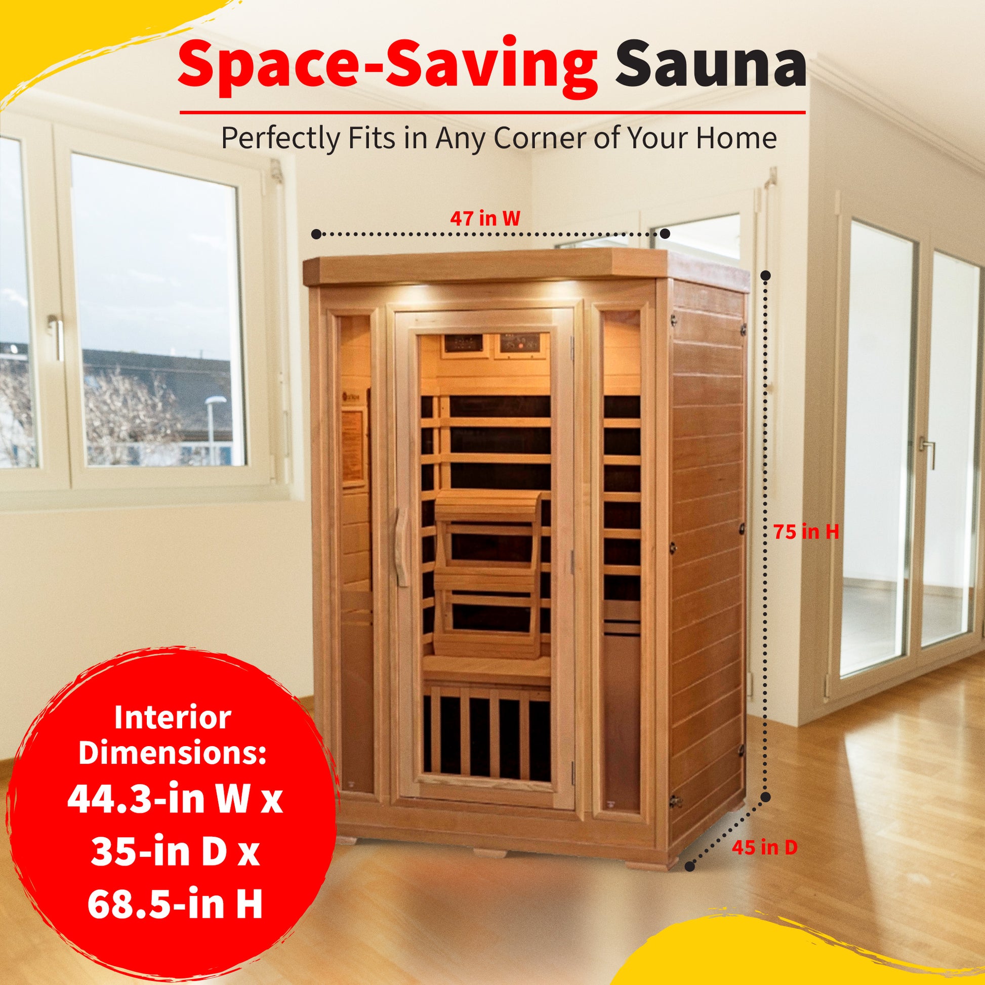 HeatWave Sonoma Hemlock Sauna dimensions graphic: exterior 47 in W x 45 in D x 75 in H, interior 44.3 x 35 x 68.5 in