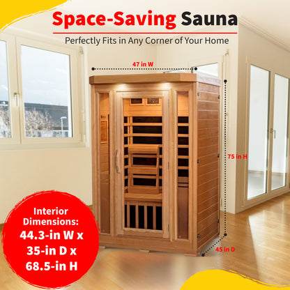 HeatWave Sonoma Hemlock Sauna dimensions graphic: exterior 47 in W x 45 in D x 75 in H, interior 44.3 x 35 x 68.5 in