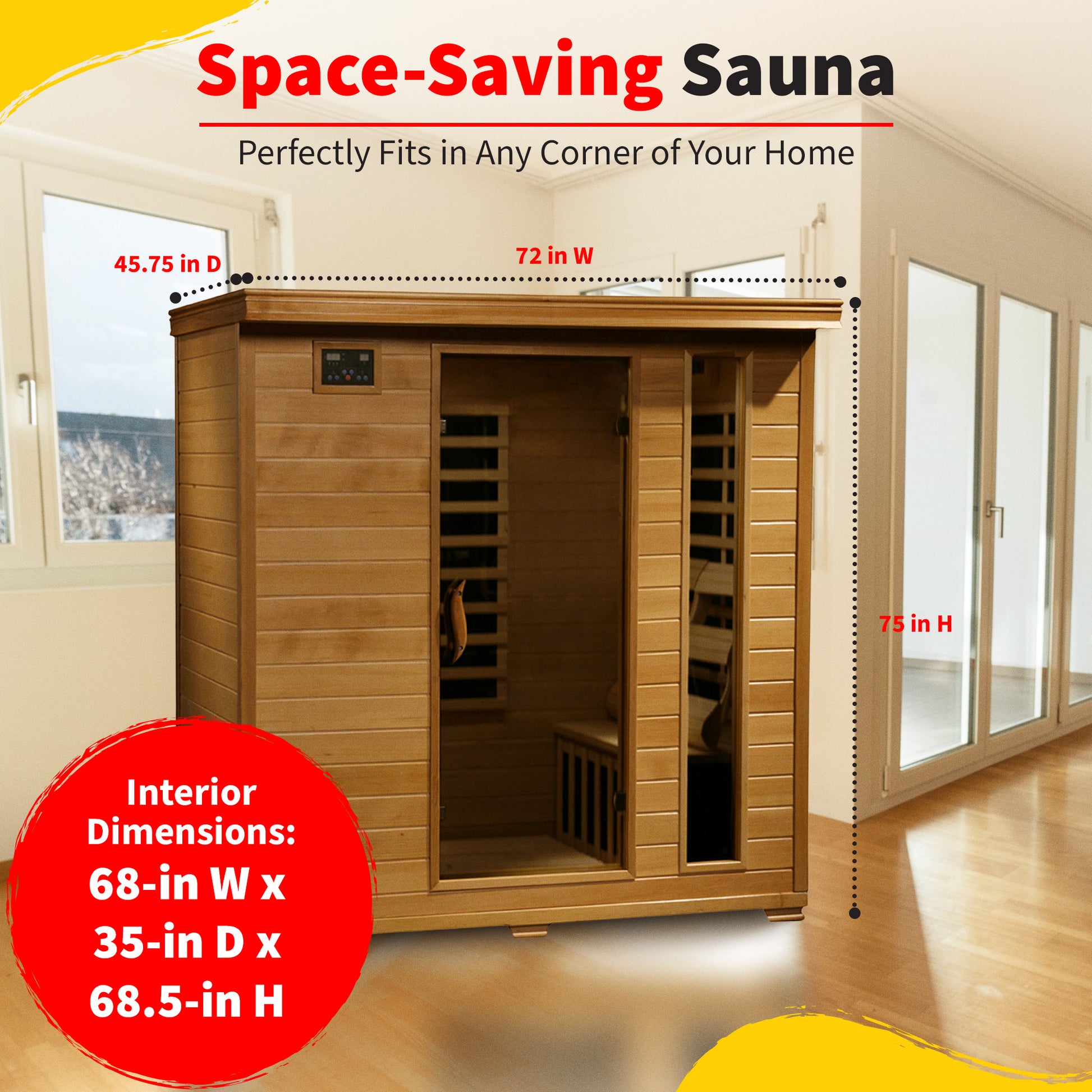 HeatWave Monticello 4-Person Hemlock Infrared Sauna dimensions: 72 in W x 45.75 in D x 75 in H exterior, shown fitting a home corner