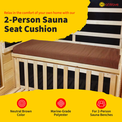 HeatWave 2-Person Sauna Seat Cushion infographic showing the brown cushion on a sauna bench, highlighting its neutral brown color, marine-grade polyester fabric, and fit for 2-person sauna benches