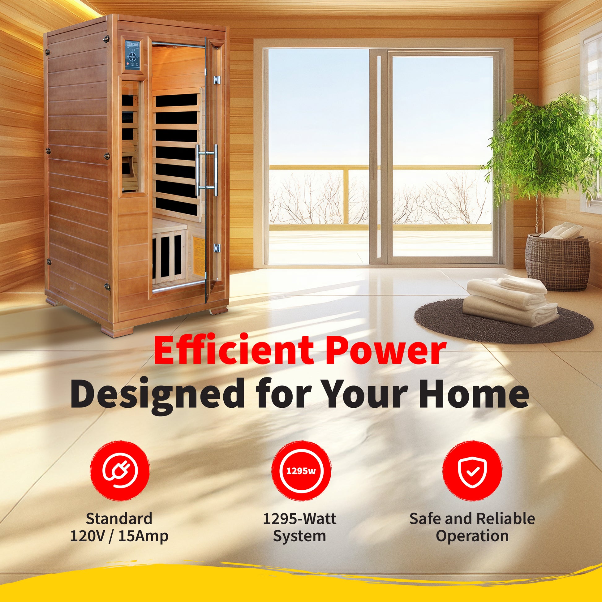 HeatWave 1-2 Person Hemlock Sauna power graphic: standard 120V 15-amp plug-in, 1295-watt system, safe and reliable operation