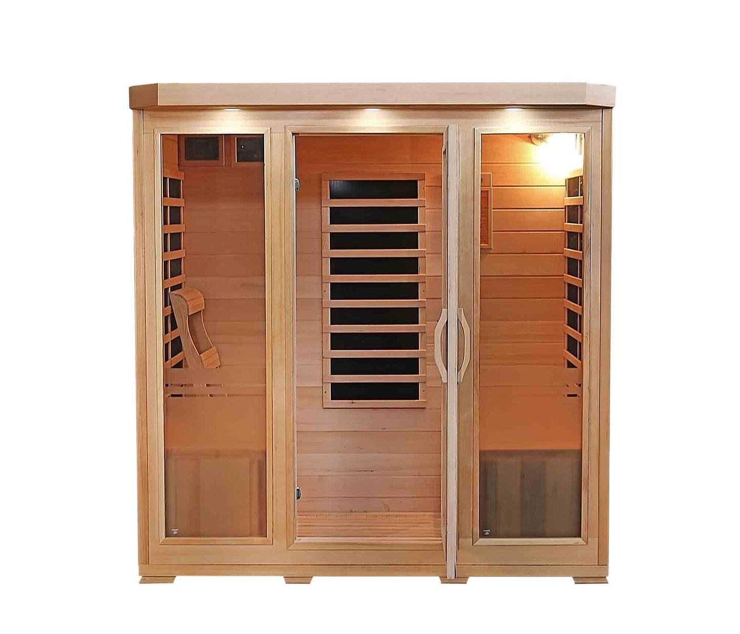 HeatWave Sonoma 4-Person Hemlock Infrared Sauna, wide front view with center glass door, side windows, hemlock cabinet, and interior benches
