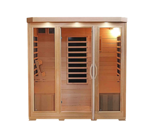 HeatWave Sonoma 4-Person Hemlock Infrared Sauna, wide front view with center glass door, side windows, hemlock cabinet, and interior benches