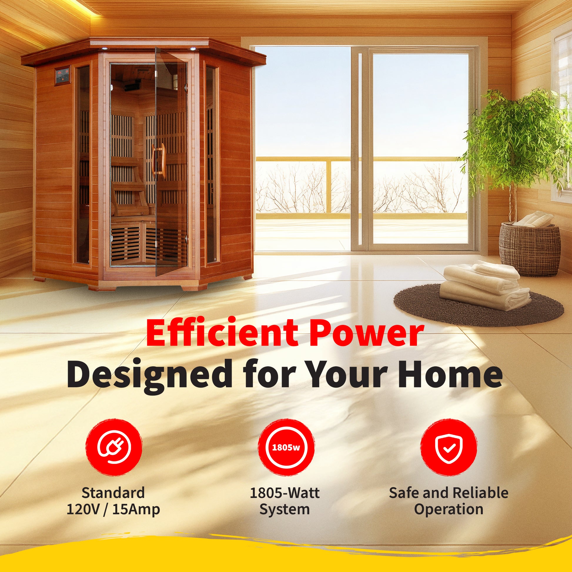 HeatWave Hudson Bay Cedar Corner Sauna Efficient Power graphic: standard 120V 15-amp outlet, 1805-watt system, safe and reliable home operation
