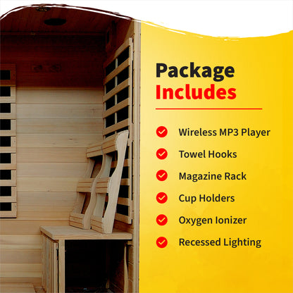 HeatWave Monticello 4-Person Hemlock Infrared Sauna package includes wireless MP3 player, towel hooks, magazine rack, cup holders, oxygen ionizer