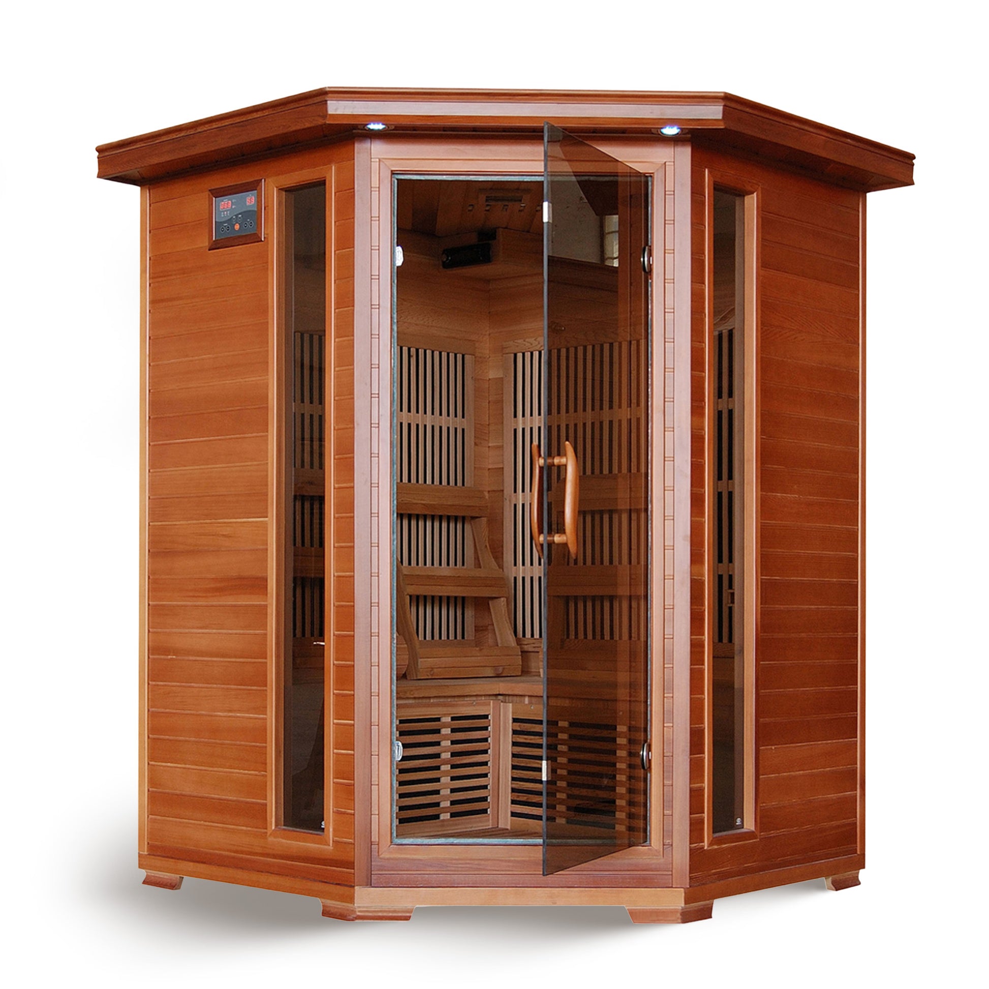 HeatWave Hudson Bay Cedar Corner Infrared Sauna, angled studio view of the full cedar cabinet with closed glass door and side windows