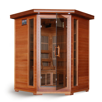 HeatWave Hudson Bay Cedar Corner Infrared Sauna, angled studio view of the full cedar cabinet with closed glass door and side windows
