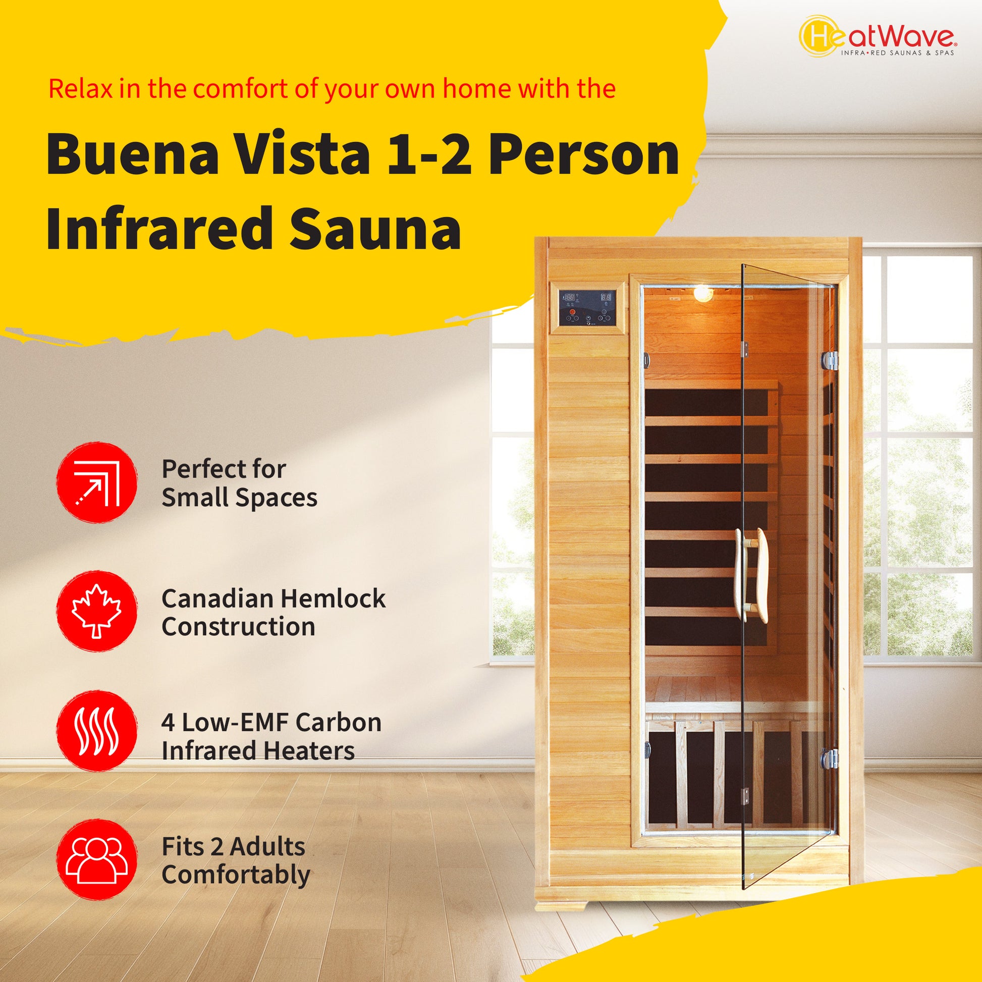 HeatWave Buena Vista 1-2 Person Hemlock Infrared Sauna feature graphic: perfect for small spaces, Canadian hemlock, 4 low-EMF carbon heaters