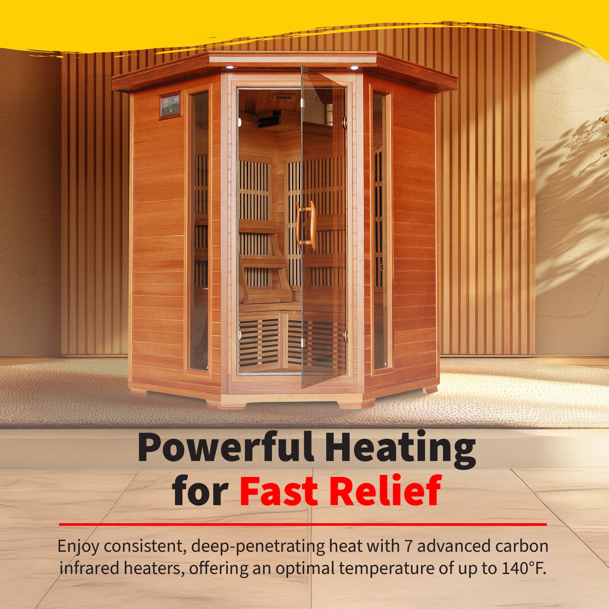 HeatWave Hudson Bay Cedar Corner Sauna Powerful Heating graphic: 7 advanced carbon infrared heaters delivering deep heat up to 140°F for fast relief